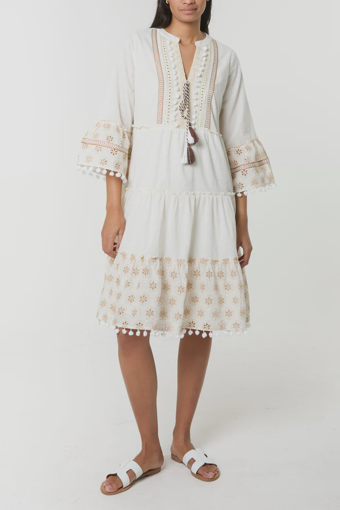 Pom Pom Embellished Smock Dress - Ivory
