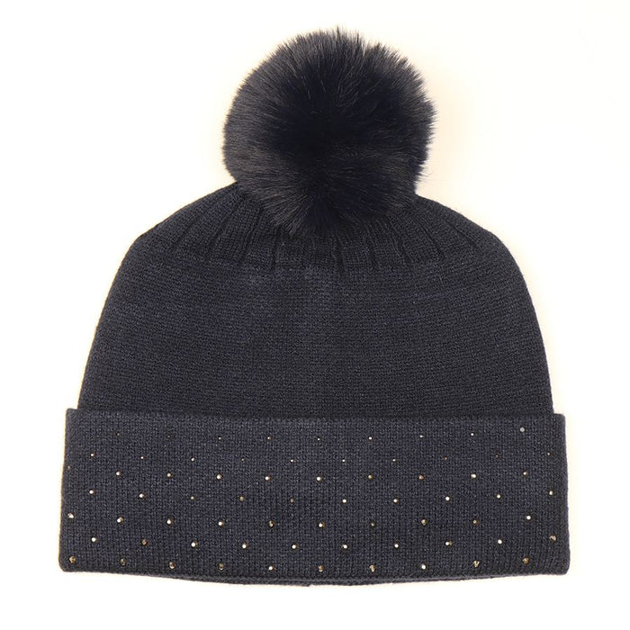 POM Studded Trim Hat With Faux Fur Pompom - Black