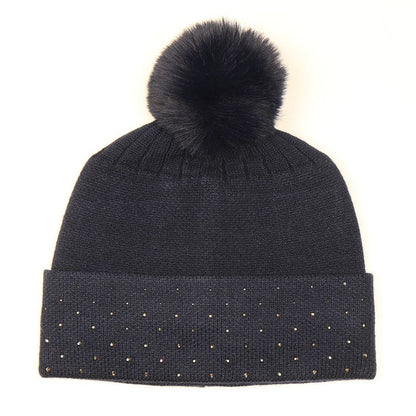 POM Studded Trim Hat With Faux Fur Pompom - Black