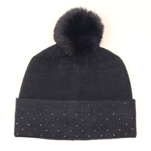 POM Studded Trim Hat With Faux Fur Pompom - Black