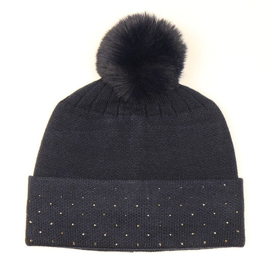 POM Studded Trim Hat With Faux Fur Pompom - Black