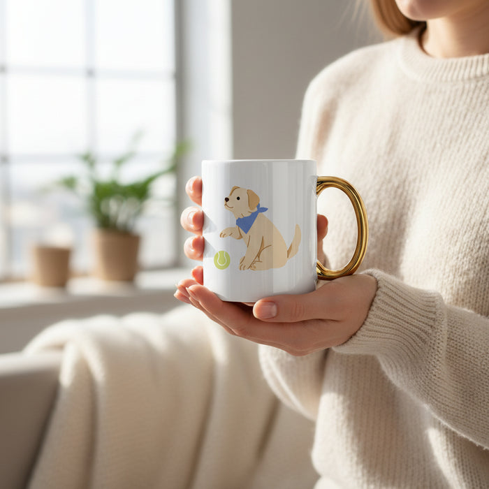A person in a cream sweater holds The Darling Effect’s Puppy Playtime 11 oz Cozy Cute Ceramic Mug, featuring a dog with a blue bandana and tennis ball—ideal for coffee or tea, with sunlight and a blurred plant in the background.