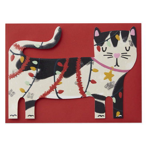 Raspberry Blossom Black & White Cat In Tangled Lights Greetings Card