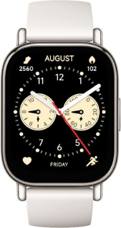 The image shows a Redmi Smart Watch 5 Lite in light gold color with a white band and a black dial, displaying time and date.