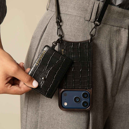 Remi Magnet Wallet Crossbody Phone Case - Black Croc/Pewter