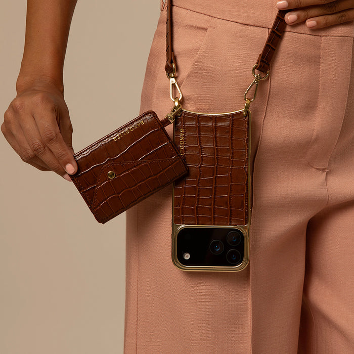 Remi Magnet Wallet Crossbody Phone Case - Brown Croc/Gold