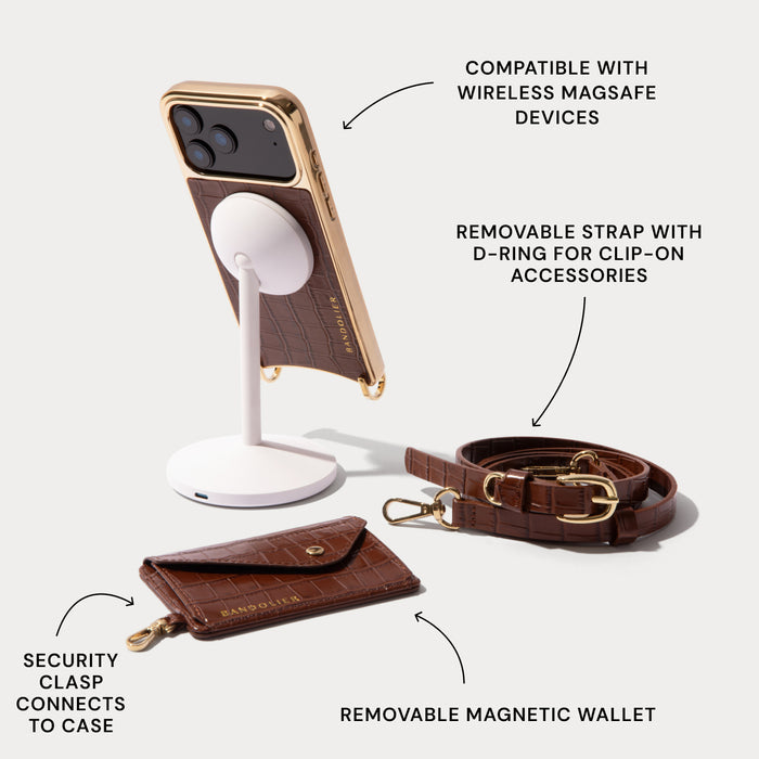 Remi Magnet Wallet Crossbody Phone Case - Brown Croc/Gold