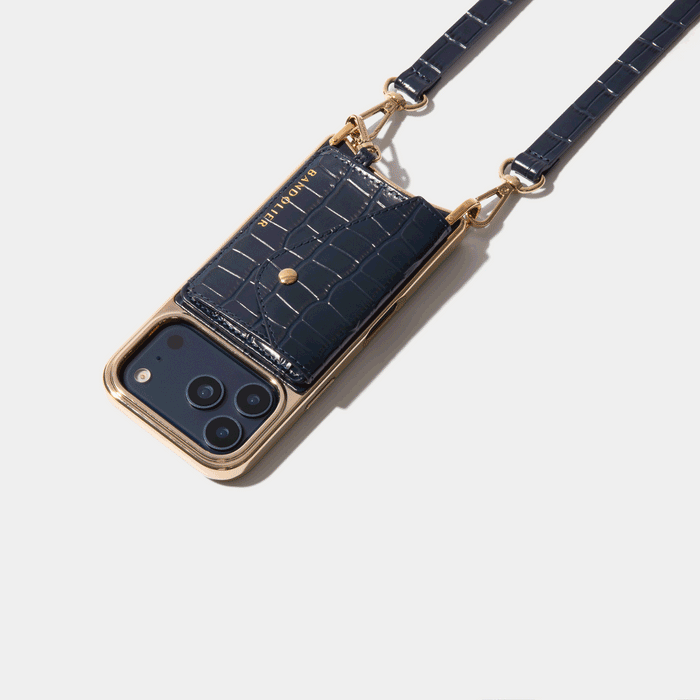 Remi Magnet Wallet Crossbody Phone Case - Navy Croc/Gold