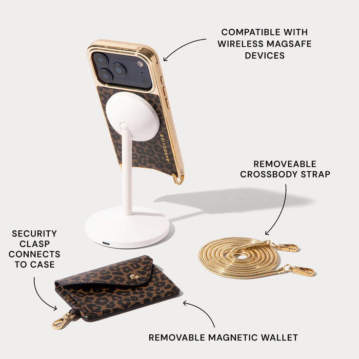 Remi Magnet Wallet Crossbody Phone Case Essentials Set - Dark Leopard/Gold
