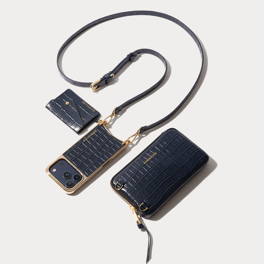 Remi Magnet Wallet Crossbody Phone Case Pouch Set - Navy Croc/Gold