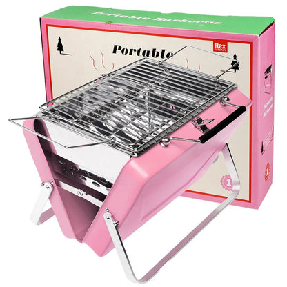 Forager Provisions LTD Rex pink portable suitcase charcoal BBQ grill with metal rack and fold-out stand