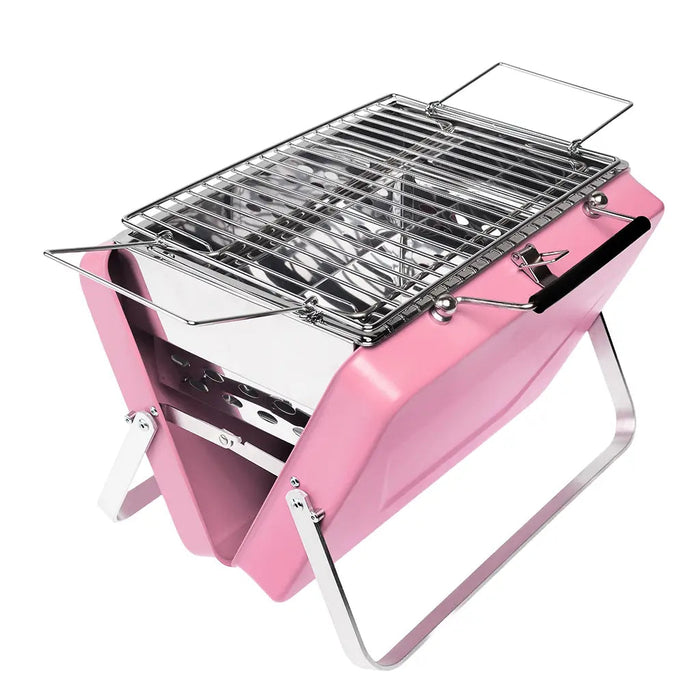 The Rex Portable Suitcase BBQ in pink is a compact, foldable stainless steel grill; perfect for travel and outdoor grilling.
