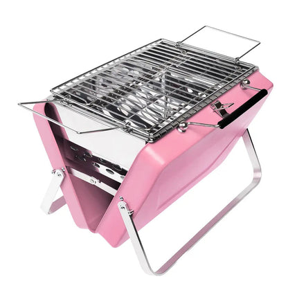 The Rex Portable Suitcase BBQ in pink is a compact, foldable stainless steel grill; perfect for travel and outdoor grilling.