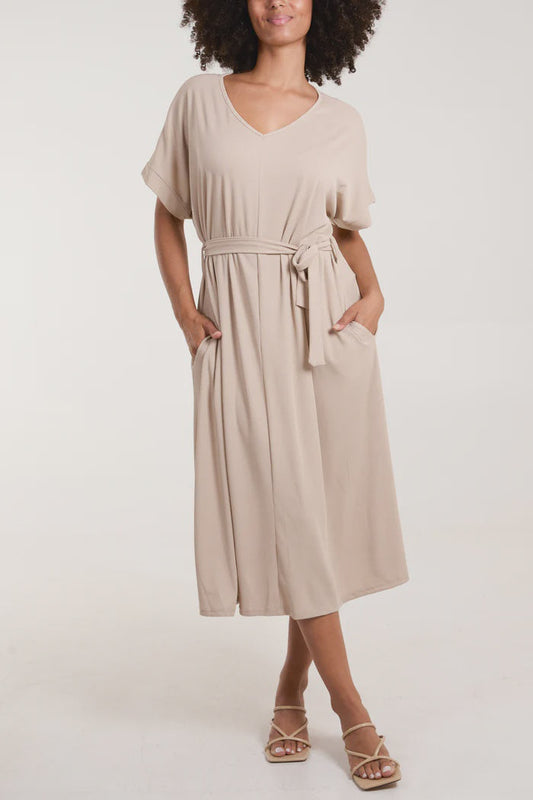 Ribbed Tie Front Midi Dress - Beige