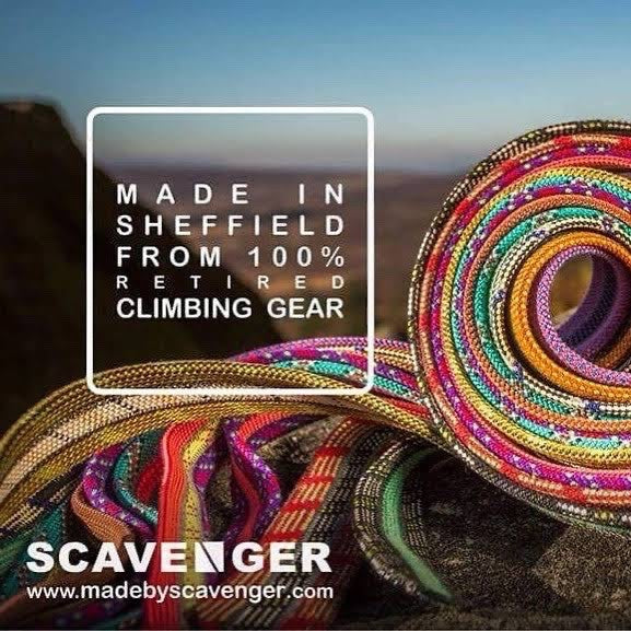 Forager Provisions LTD Scavenger bag made from coiled, multi-coloured retired climbing rope on a rocky outdoor surface.