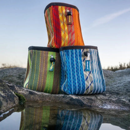 Forager Provisions LTD Scavenger Vert chalk bags made from recycled climbing rope in blue, green, and orange tones.