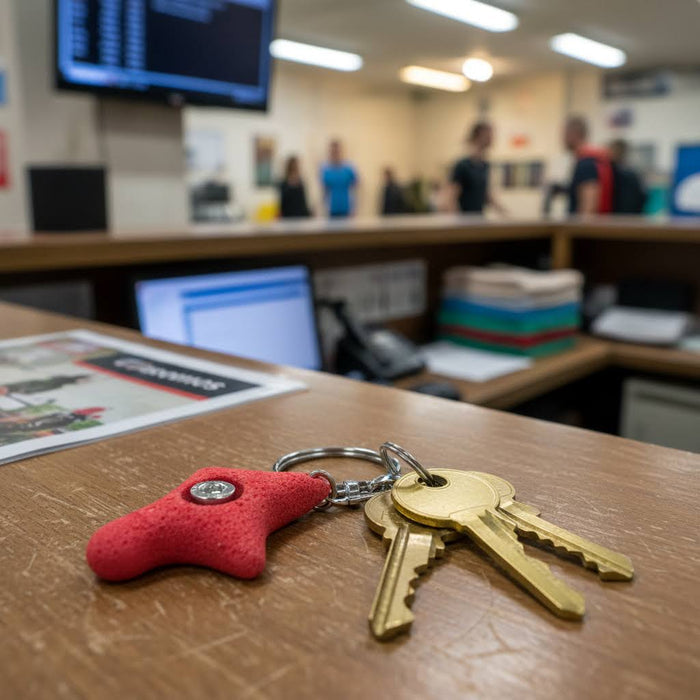 Forager Provisions LTD Seven Peaks red climber speed keychain resting on a wooden desk with keys