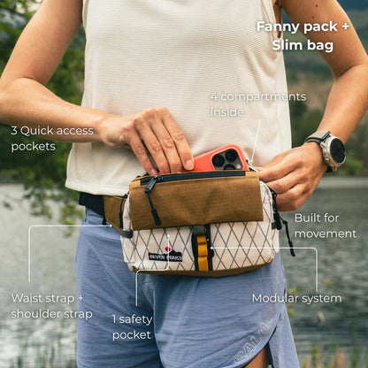 Forager Provisions LTD Seven Peaks fanny pack with modular compartments and adjustable strap worn outdoors
