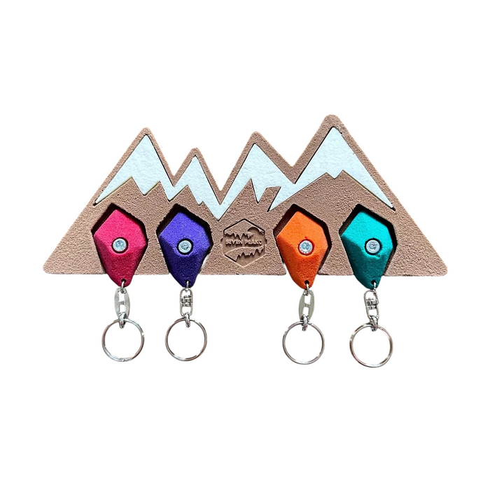 Forager Provisions LTD Seven Peaks mountain-shaped wall key holder with four colourful climbing hold keychains