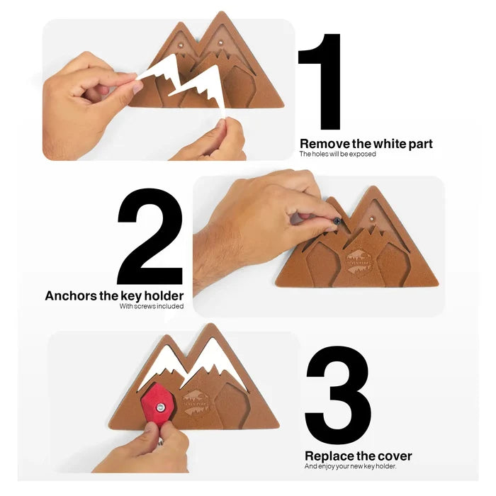 Hands securely mount Seven Peaks Keychain Rock Climber Holder on wall, screwing and replacing cover in clear steps.