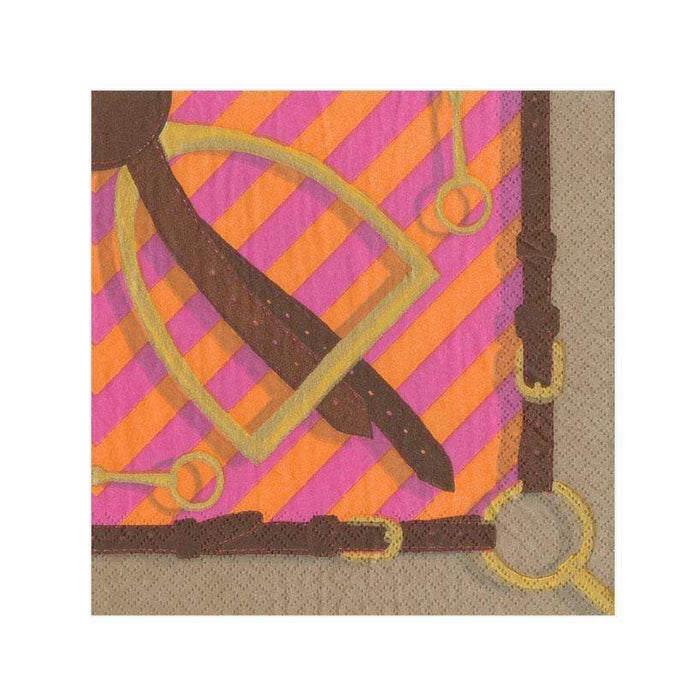 Folded fuchsia napkin with an equestrian motif that includes silhouettes of horses and stirrups against an orange and pink striped background.