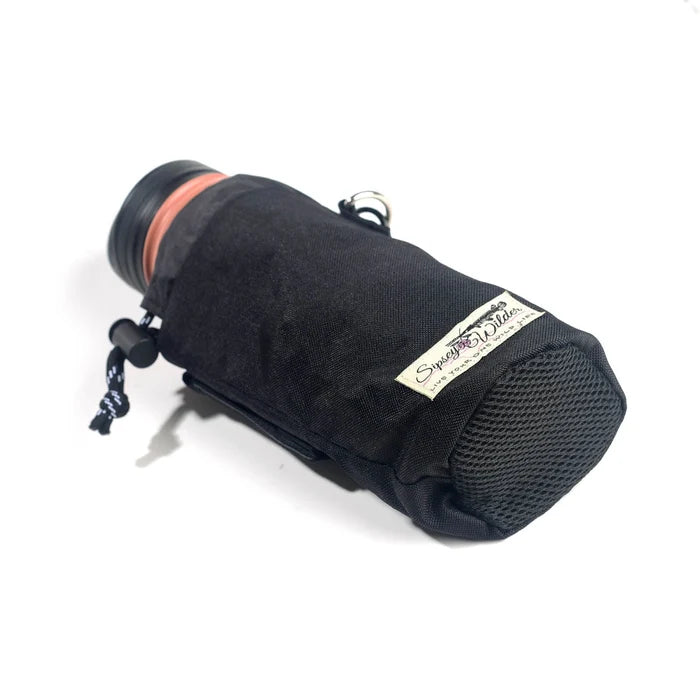 Sipsey Wilder Midnight Black 22oz water bottle holder, mesh base, drawstring top, adjustable waist strap for hiking.