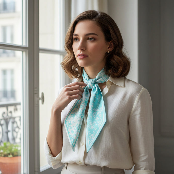 A woman with wavy brown hair, wearing a white blouse and The Darling Effect's Something Blue Twirl & Tie Scarf Accessory, stands by a window in a bright, elegant room, exuding boutique charm as she gazes thoughtfully outside.