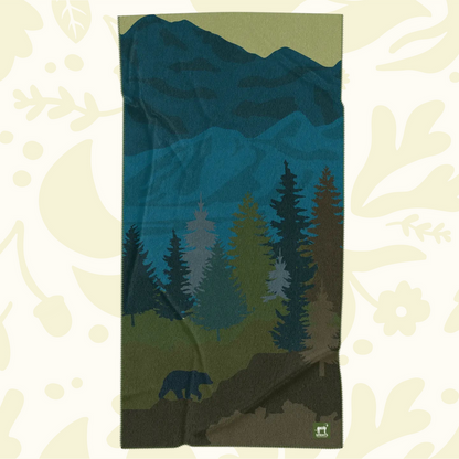 Forager Provisions LTD Sprints Grizzly Guide car seat cover towel featuring a mountain forest and bear print