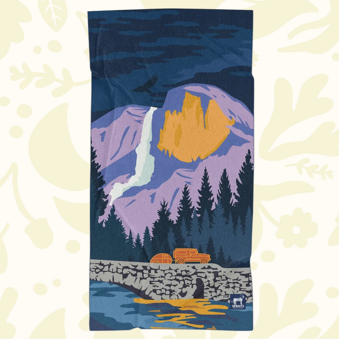 Forager Provisions LTD Sprints Yosemite National Park car seat cover towel featuring mountain and campervan graphic