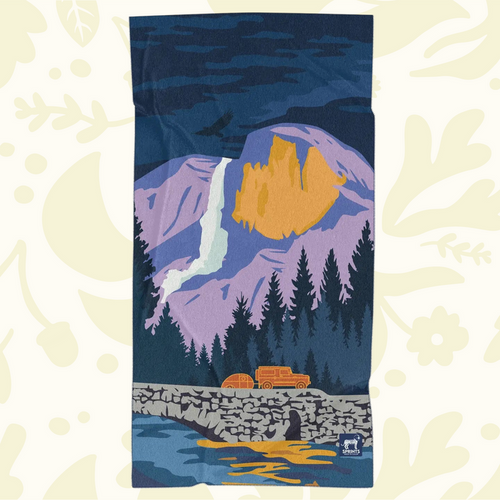 Forager Provisions LTD Sprints Yosemite National Park car seat cover towel featuring mountain and campervan graphic