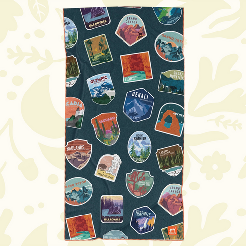Forager Provisions LTD Sprints National Parks microfibre car seat cover towel with colourful landscape patches.