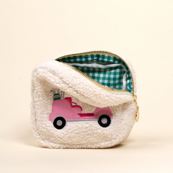The Darling Effect's Square Golf Cart Teddy Pouch is a small white sherpa zip pouch featuring a pink golf cart applique and an open top showing its green-and-white checkered lining—perfect for mixing and matching with your favorite teddy pouches.