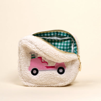 The Darling Effect's Square Golf Cart Teddy Pouch is a small white sherpa zip pouch featuring a pink golf cart applique and an open top showing its green-and-white checkered lining—perfect for mixing and matching with your favorite teddy pouches.