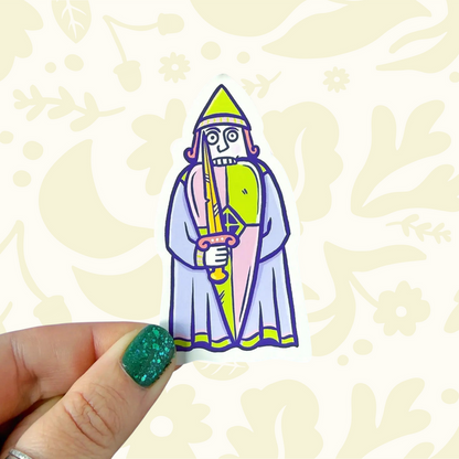 Forager Provisions LTD vinyl sticker featuring a colorful, illustrated Lewis Chessmen berserker rook character.