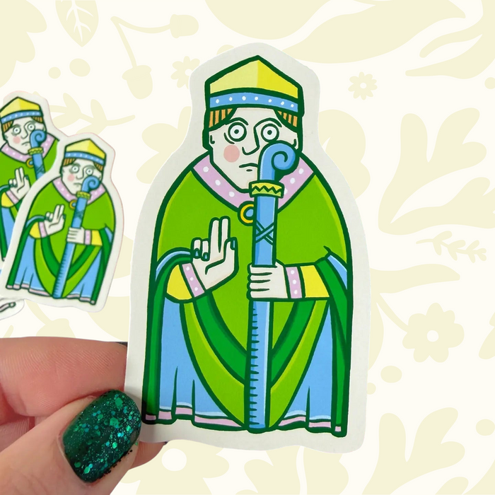 Forager Provisions LTD vinyl sticker featuring a modern, colourful illustration of a medieval Lewis Chessmen bishop.