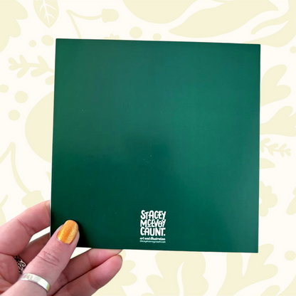 Forager Provisions LTD greeting card back featuring dark green recycled cardstock and Stacey McEvoy Caunt branding.