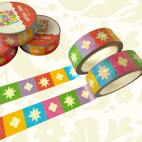 Four Rainbow Medieval Grid Tile Pattern Washi Tapes by Stacey McEvoy Caunt unspooled on a colorful patterned surface.
