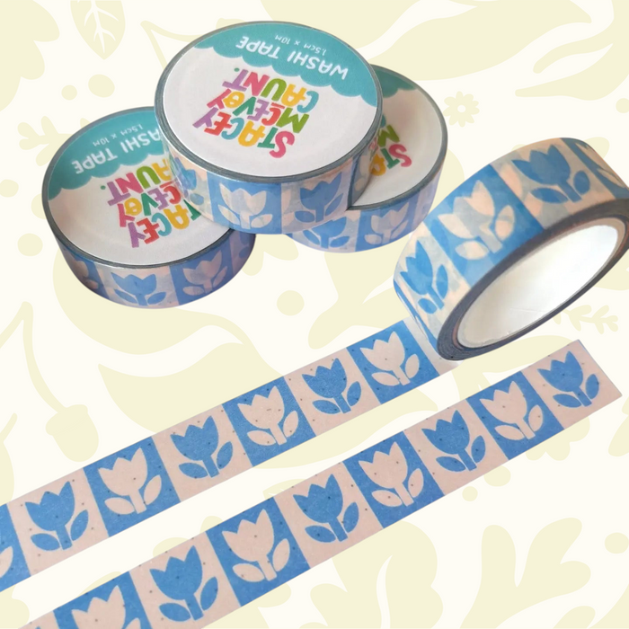 Forager Provisions LTD Stacey McEvoy Caunt washi tape rolls with blue folk tulip patterns on a dotted journal page