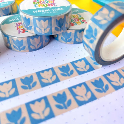 Forager Provisions LTD Stacey McEvoy Caunt washi tape featuring a blue folk tulip pattern on a dotted journal page.