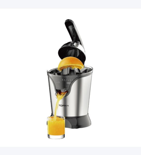 A Stork citrus juicer made from stainless steel, with a black and orange color scheme, juicing an orange fruit.