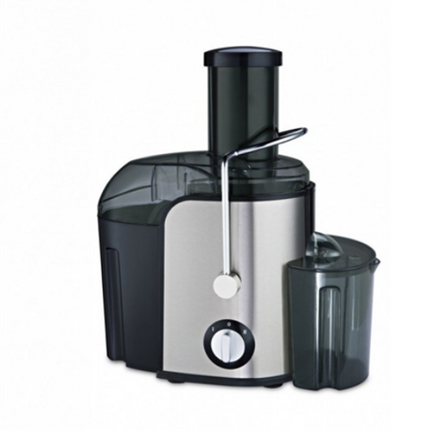 A Stork Power Juicer made of stainless steel with a black and silver color scheme, featuring a juicing chamber and a control knob on the front.