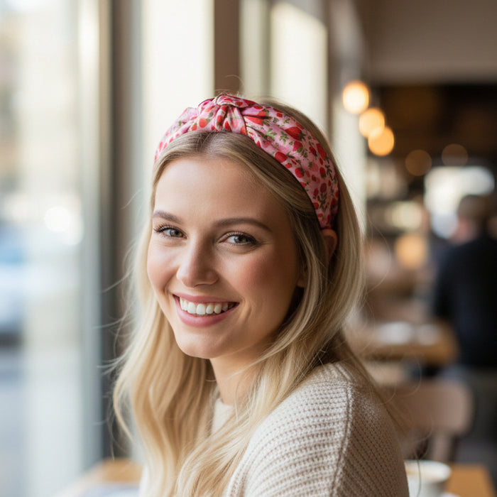 A young woman with long blonde hair, wearing The Darling Effect's Strawberry Fields Classic Twist Headband and a cream sweater, smiles while sitting in a cozy cafe with large windows and warm lighting.