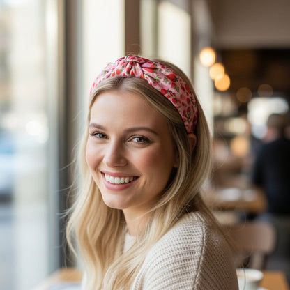 A young woman with long blonde hair, wearing The Darling Effect's Strawberry Fields Classic Twist Headband and a cream sweater, smiles while sitting in a cozy cafe with large windows and warm lighting.
