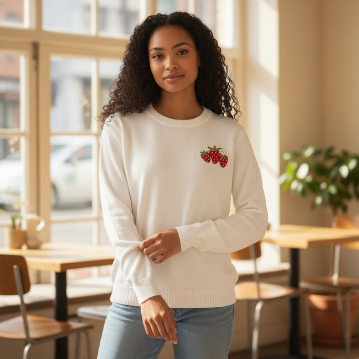 A woman with curly hair smiles indoors, wearing The Darling Effect’s Strawberry Patch Refined Knit Sweater. Sunlight from large windows highlights the white knit and its delicate embroidered strawberry on the chest.