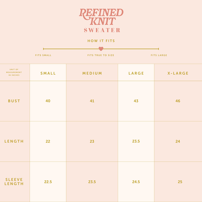 The Darling Effect’s Seaside Haven Refined Knit Sweater size chart includes bust, length, and sleeve measurements (in inches) for sizes Small to X-Large—making it easy to find your perfect fit for this timeless piece.