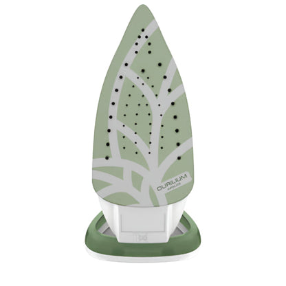 Green and white iron with tree design on a white background