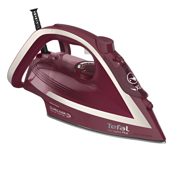 Red and white Tefal iron on a white background