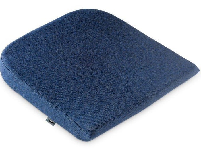A blue TEMPUR seat cushion with a non-slip base, designed to provide pressure-relieving comfort by evenly distributing weight.