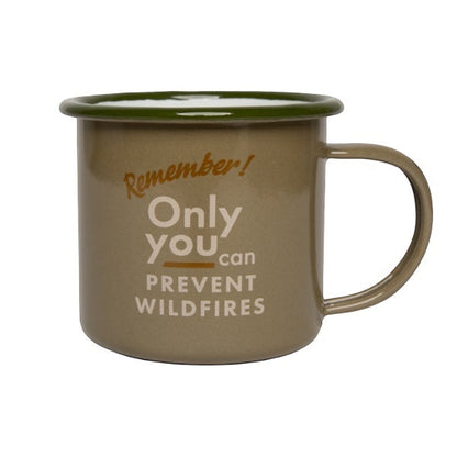 Forager Provisions LTD olive enamel mug featuring Smokey Bear Remember Only You Can Prevent Wildfires graphic