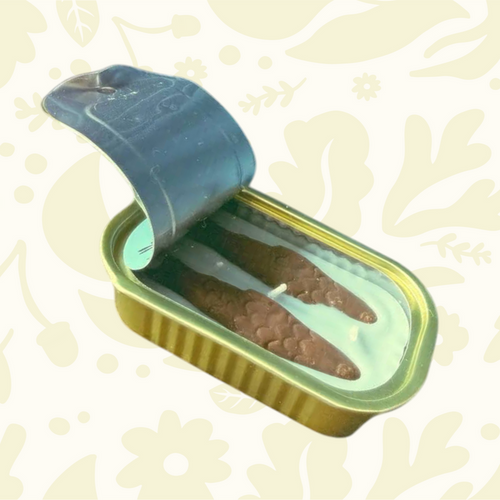 Forager Provisions LTD Enoki Forest scented candle in a sardine tin with two brown mushroom-shaped wax pieces